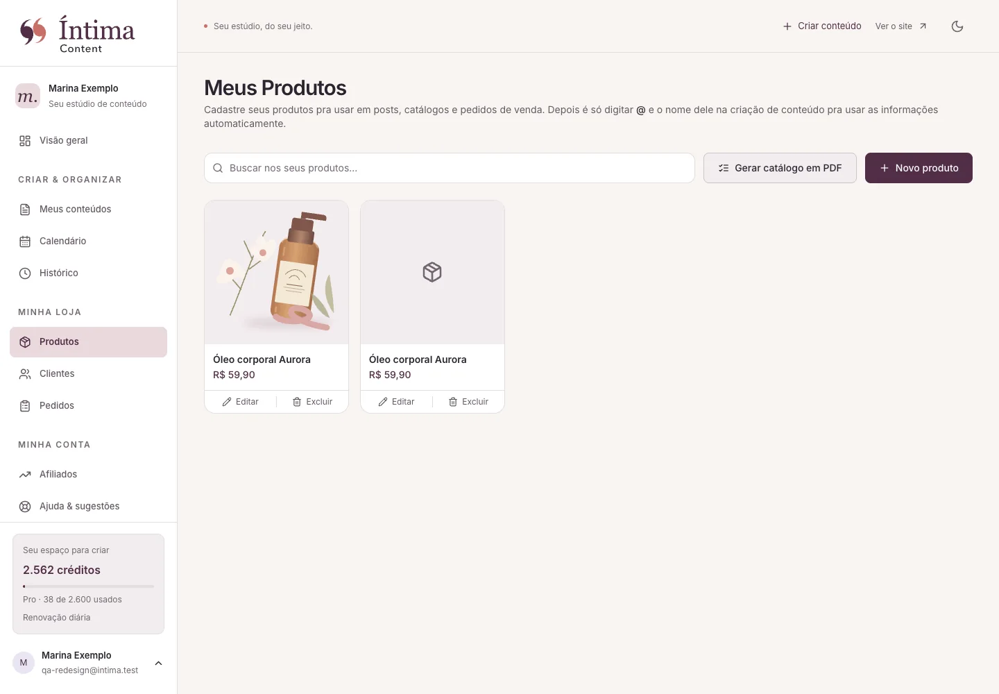 Catálogo de produtos de demonstração no painel atual da Íntima Content