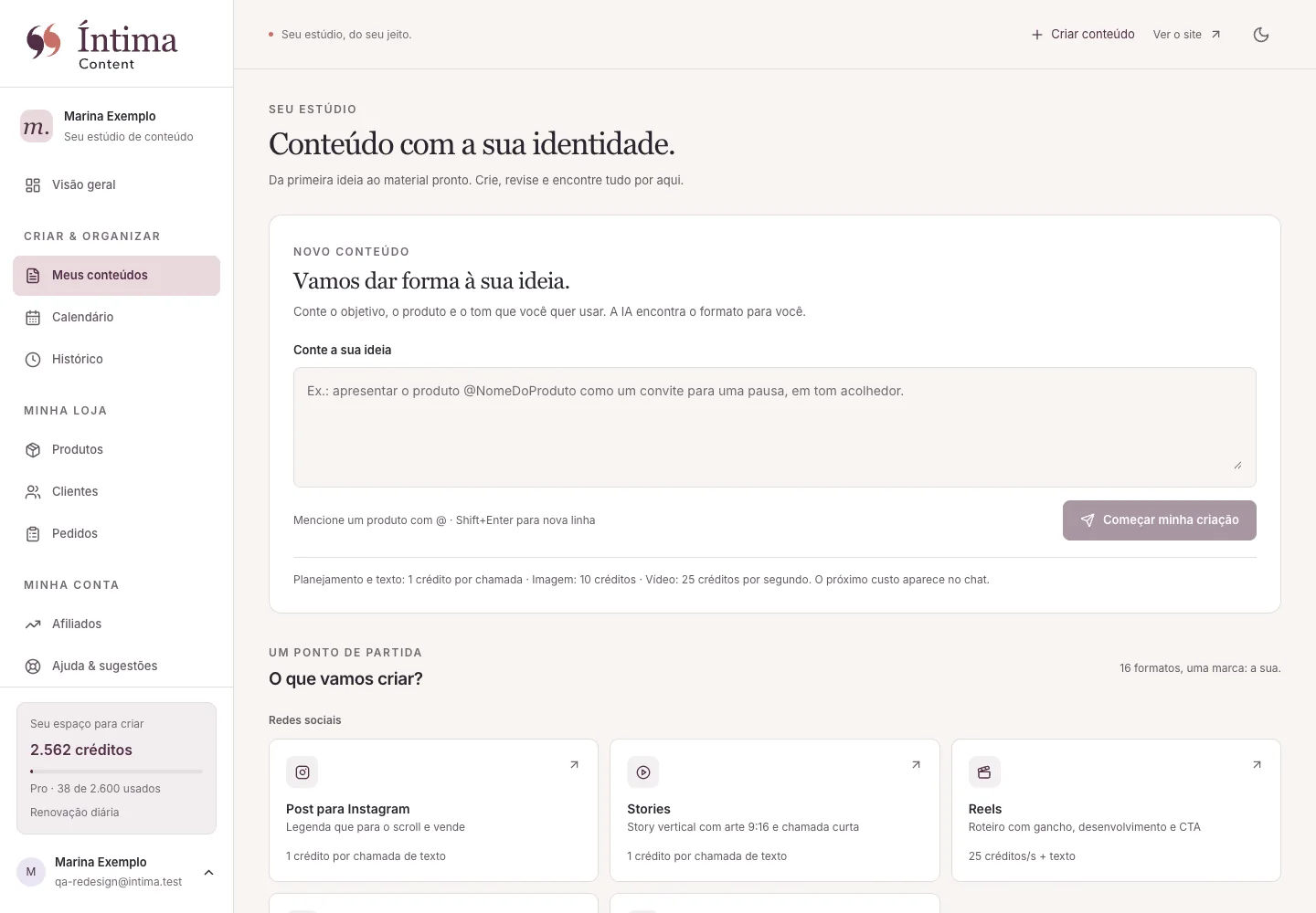 Criação de conteúdos na interface atual da Íntima Content, com dados de demonstração