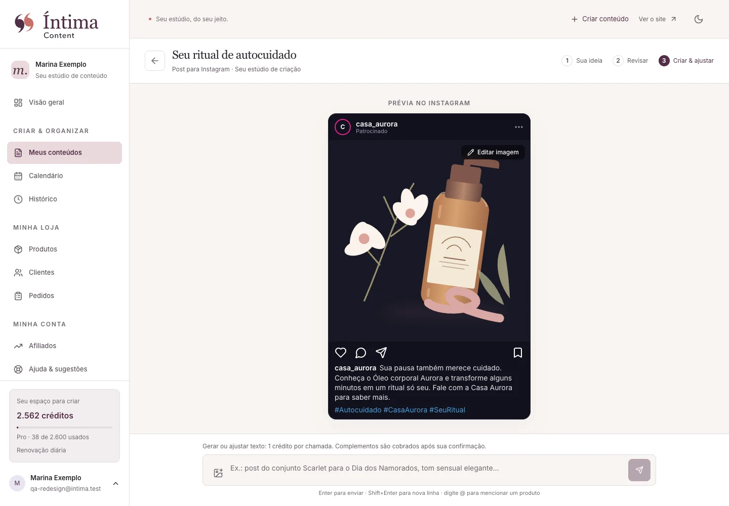 Prévia de um post no estúdio Íntima Content com botão para editar a imagem, usando uma marca fictícia