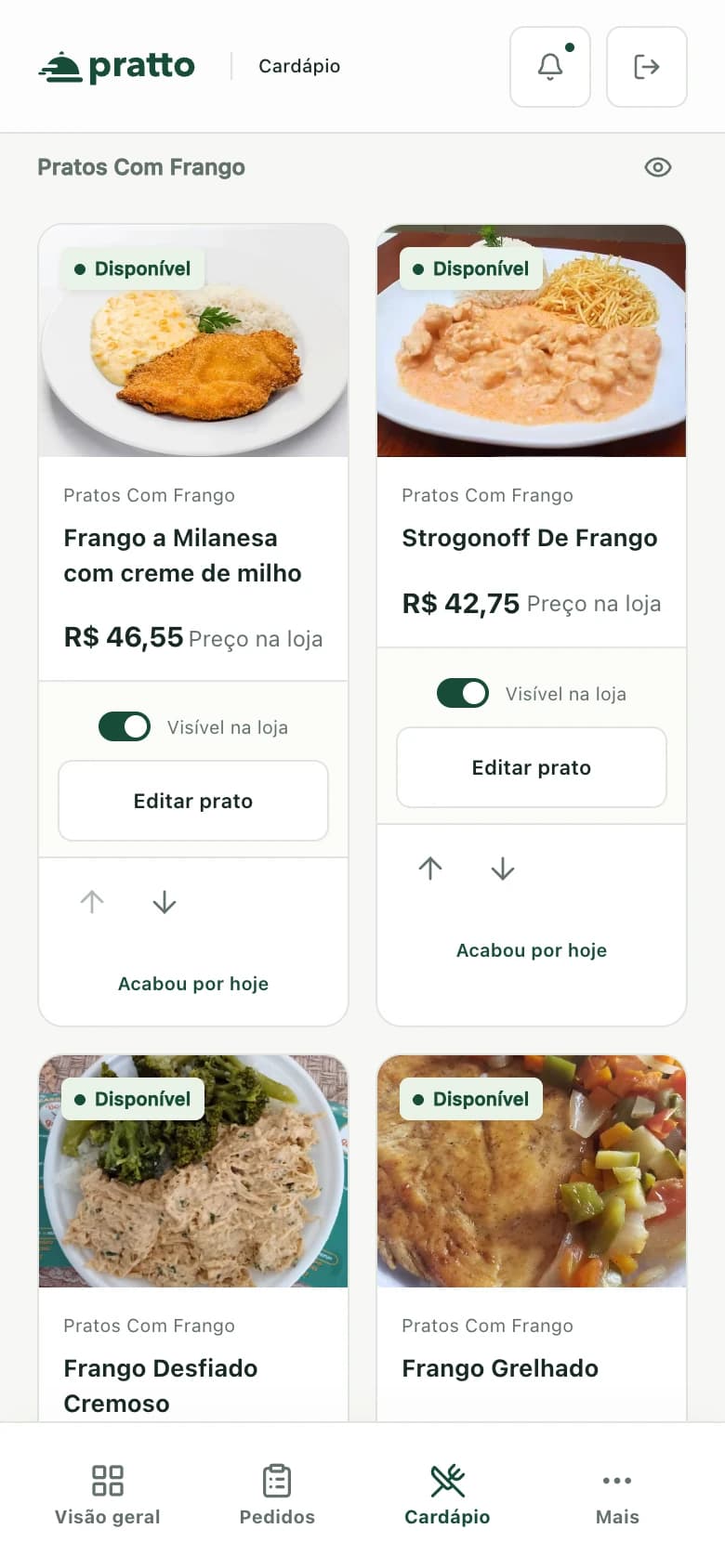 Gestão do cardápio do Bom Gosto Original no Pratto