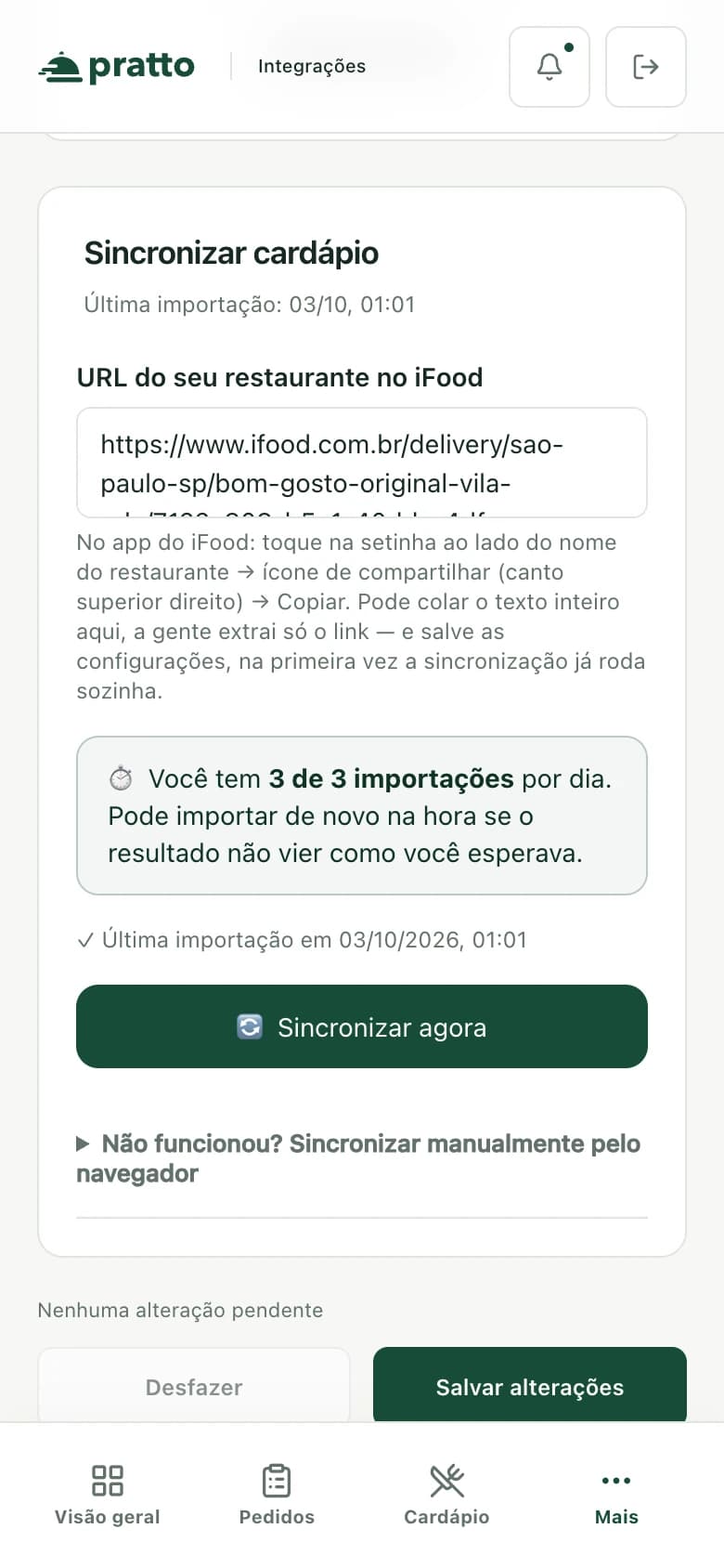 Área de importação do cardápio do iFood no painel do Bom Gosto Original