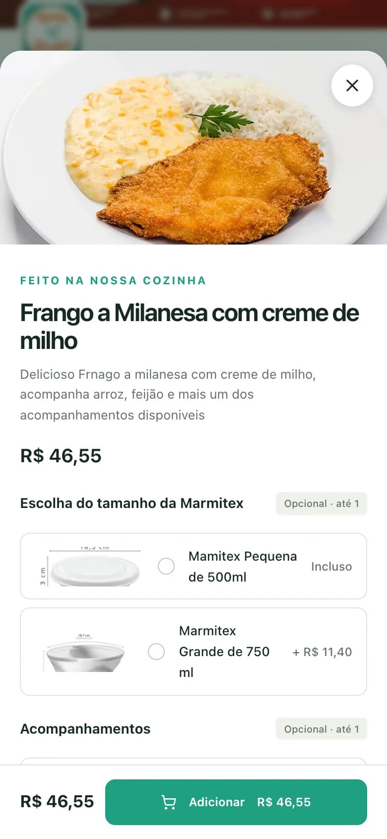 Escolha de acompanhamentos e adicionais de um prato do Bom Gosto Original